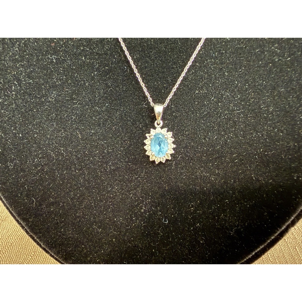 Blue Topaz  Diamond Pendant Necklace 10K white gold QDC
